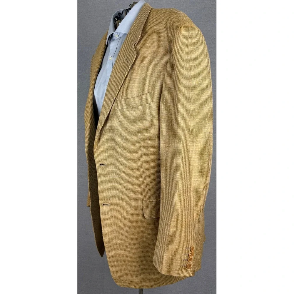 Canali Mens Silk Linen Wool Blazer Tan Gold Houndstooth Sport Coat Italy 54 L